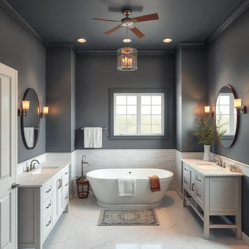 Modern Keller, TX bathroom featuring a walk-in shower, freestanding tub, marble countertop vanity, and sleek fixtures.