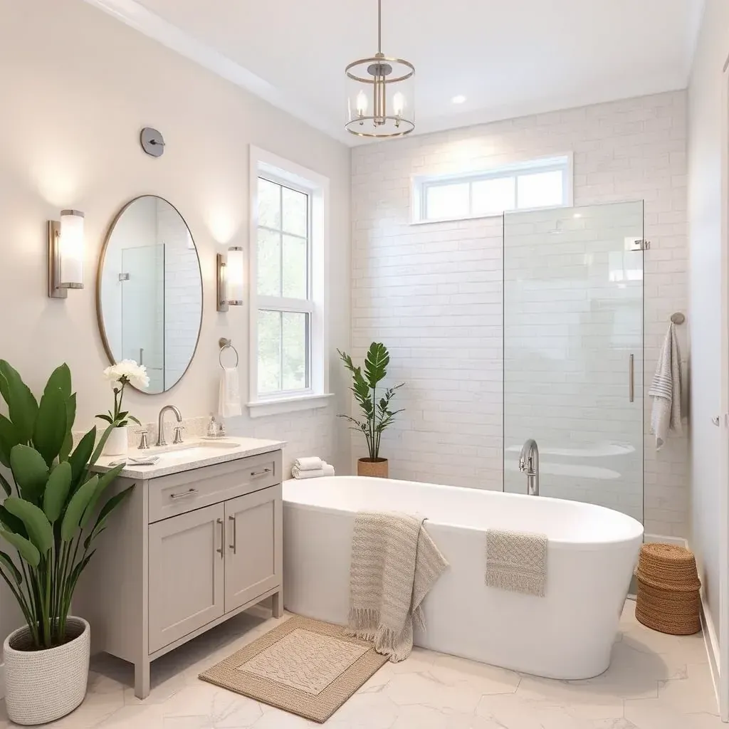 Modern bathroom remodel in Fort Worth with walk-in shower, floating vanity, soaking tub, and sleek design elements.