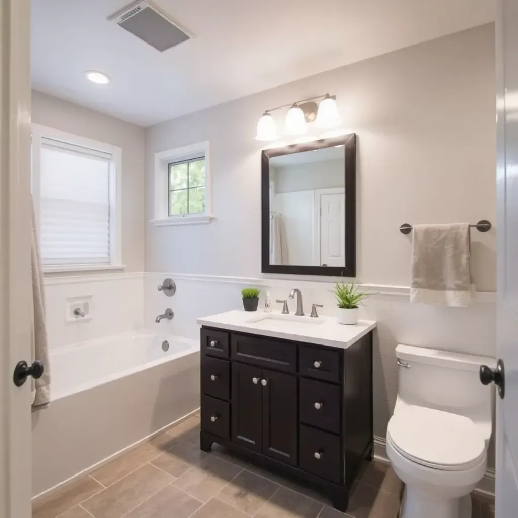 Modern bathroom remodel in Cedar Hill, TX with marble accents, walk-in shower, soaking tub, quartz vanity, and natural light.