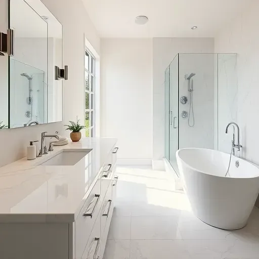 Freshly remodeled Westlake TX bathroom with marble countertops, glass shower, soaking tub, and elegant decor.