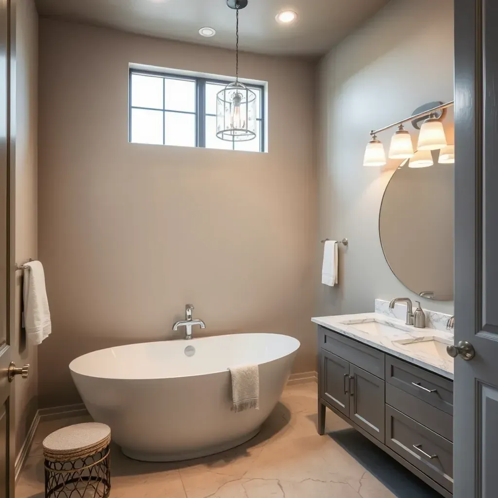 Modern Frisco, TX bathroom with glass shower, freestanding tub, double vanity, sleek cabinetry, and soft natural lighting.
