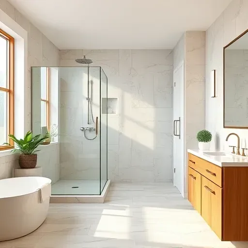 Renovated Grand Prairie bathroom with modern fixtures, walk-in shower, marble countertops, warm wood cabinetry, and natural lighting.
