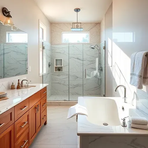 Remodeled Grapevine bathroom with modern fixtures, walk-in shower, soaking tub, custom cabinetry, and natural light.