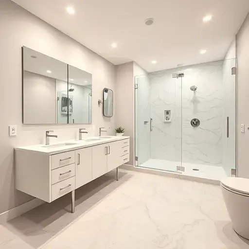 Modern bathroom remodel in Irving TX featuring marble countertops, dual-sink vanity, walk-in glass shower, and elegant decor.