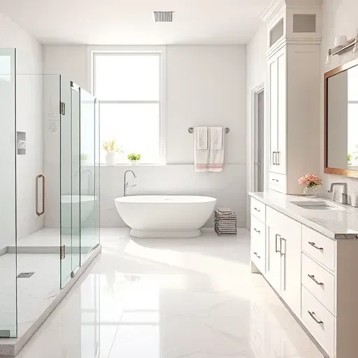 Renovated Carrollton TX bathroom with marble floors, quartz countertops, walk-in shower, bathtub, and modern fixtures