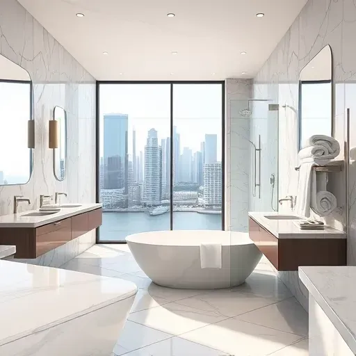Remodeled Dallas bathroom with marble countertops, soaking tub, glass shower, modern fixtures, and skyline view.
