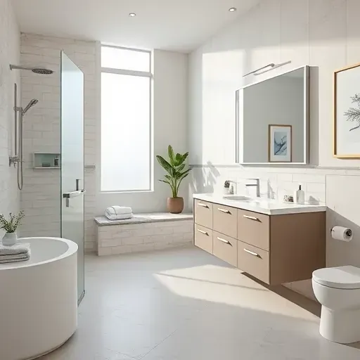 Modern North Richland Hills bathroom with marble countertops, glass shower, elegant tiles, and stylish fixtures.