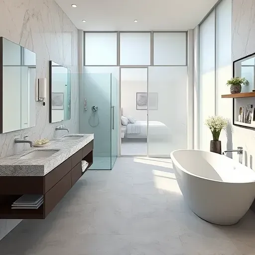 Remodeled Haltom City bathroom featuring a glass-enclosed shower, free-standing tub, double granite vanity, and natural light