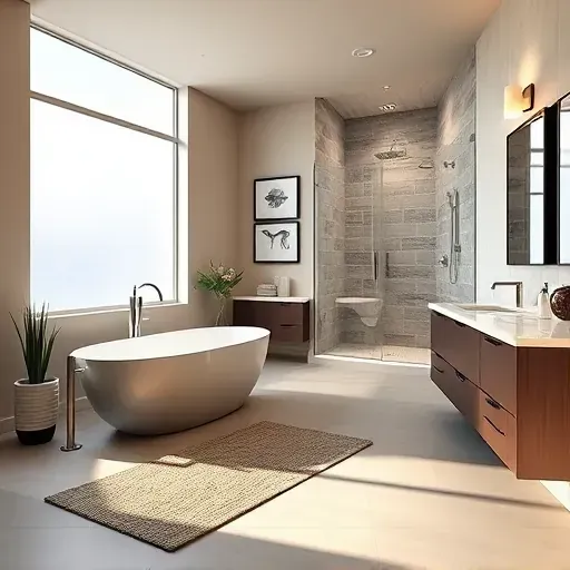 Spacious modern bathroom in Westlake TX featuring a freestanding tub, walk-in glass shower, dual vanity, and elegant decor