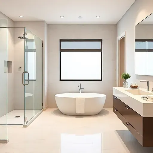 Remodeled Watauga bathroom with walk-in shower, marble countertops, soaking tub, polished tiles, and modern fixtures.