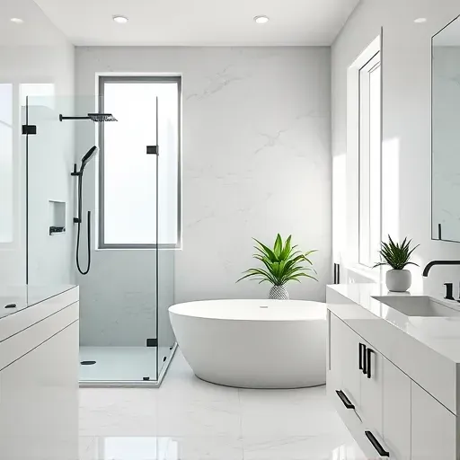 Renovated Carrollton, TX bathroom with matte black fixtures, walk-in shower, marble flooring, soaking tub, and greenery.