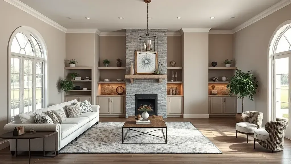 Remodeled Irving, TX living space with modern fixtures, hardwood floors, minimalist furniture, and natural light.