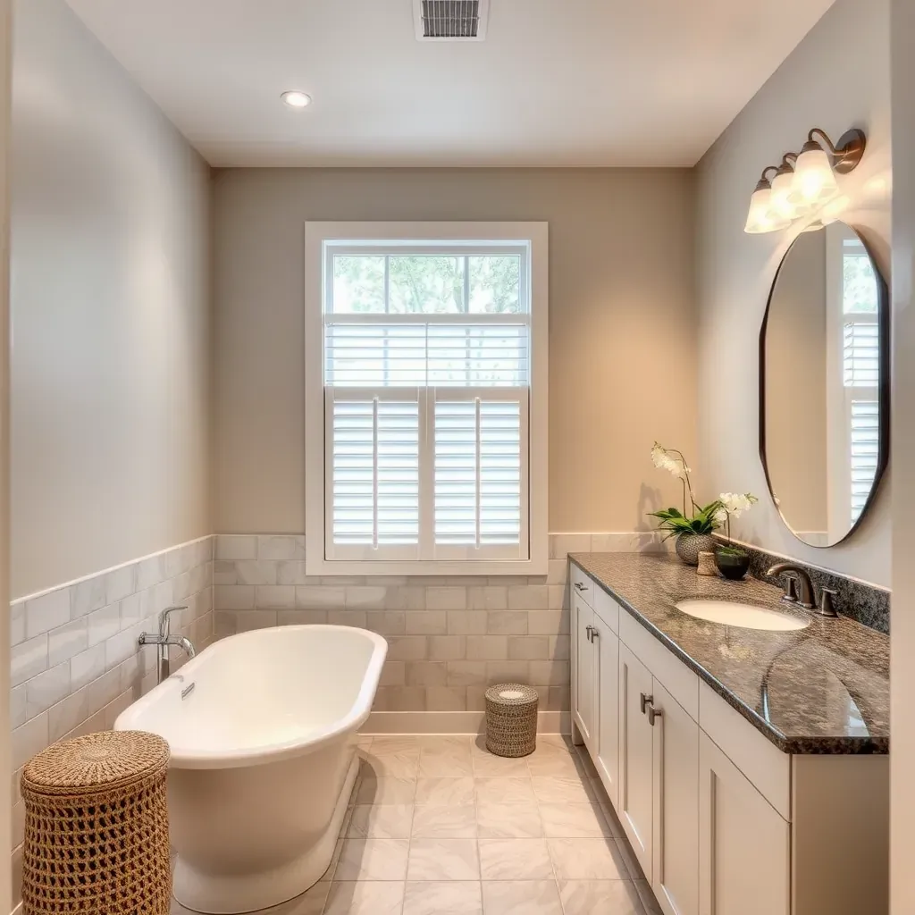 Modern Arlington bathroom with glass shower, freestanding tub, double vanity, marble accents, and warm gray tiles.
