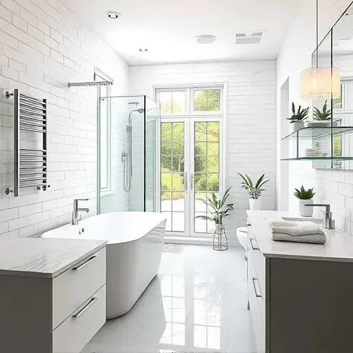 Remodeled Addison, TX bathroom with glass shower, freestanding tub, marble counters, and natural daylight.