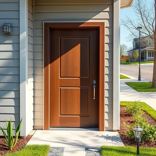 Completed modern wooden door installation in Arlington TX with landscaping, contemporary hardware, and residential street background