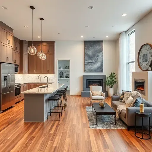 Modern kitchen in Haltom City TX with sleek cabinetry, granite countertops, stainless appliances, and inviting living room.