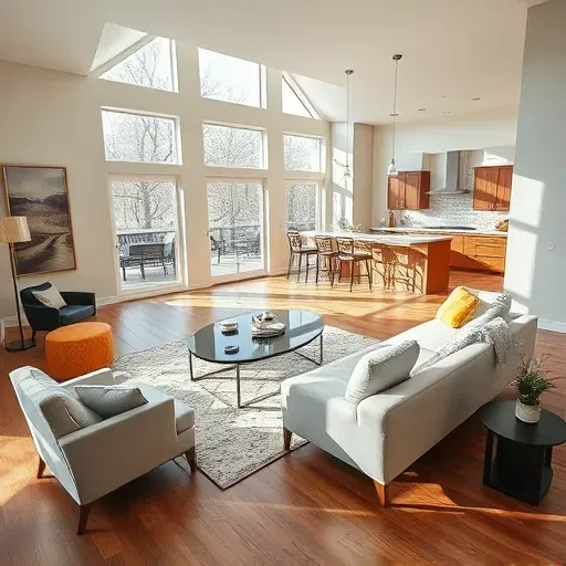 Beautiful renovated Richardson, TX living room with modern furniture, hardwood floors, minimalist art, and seamless kitchen integration.
