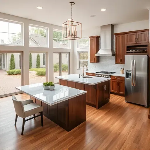 Completed home remodeling in McKinney TX with modern kitchen, walnut cabinetry, and natural light flooding the space.