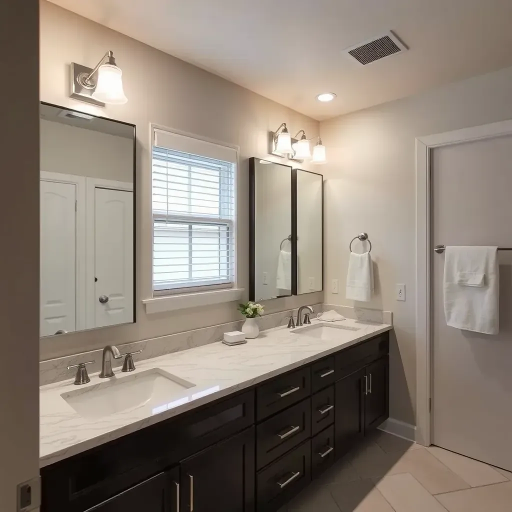 Spacious Southlake, TX bathroom with a soaking tub, walk-in shower, quartz vanity, large tiles, and modern decor.
