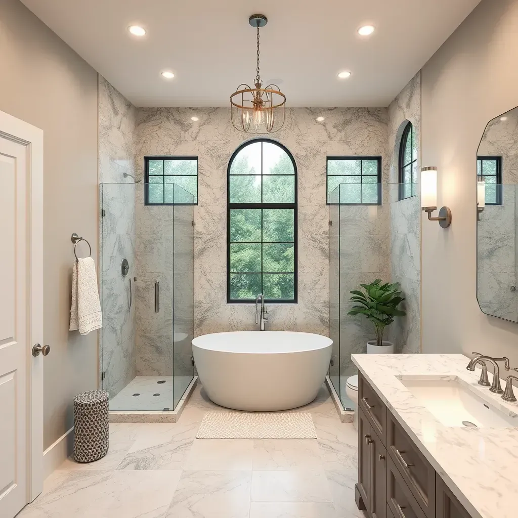 Modern Frisco, TX bathroom with glass shower, quartz countertops, natural wood cabinets, and ambient lighting.