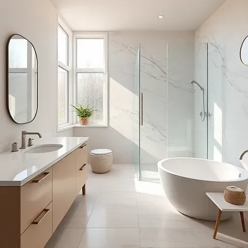 Remodeled Westlake Texas bathroom with marble countertops, glass walk-in shower, brushed nickel fixtures, and modern decor