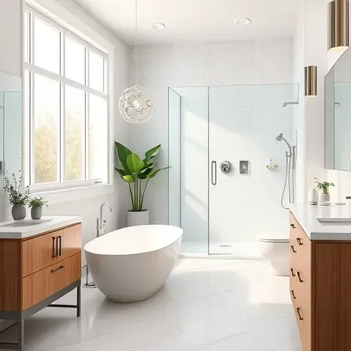 Remodeled Arlington TX bathroom with modern fixtures, frameless glass shower, freestanding bathtub, and marble counters.