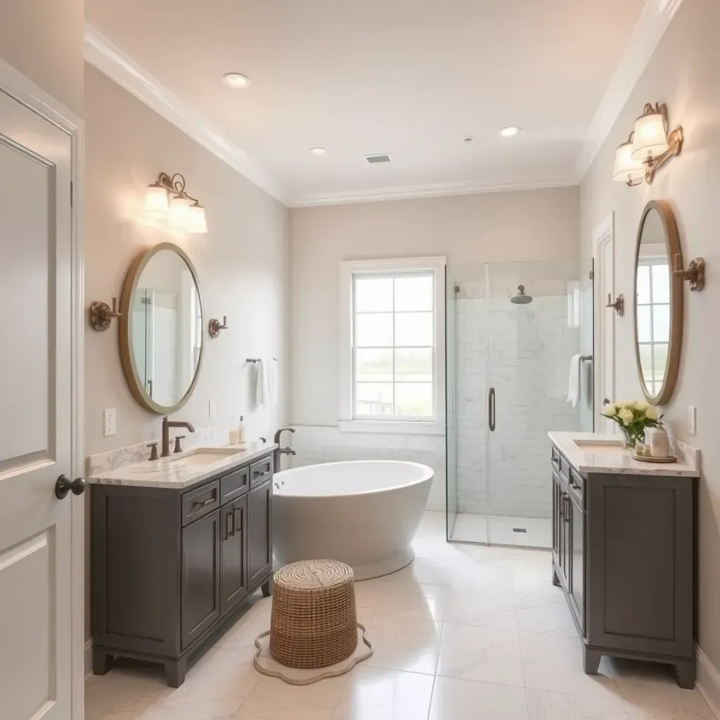 Modern Carrollton, TX bathroom with double vanity, walk-in shower, soaking tub, neutral tones, marble countertops, and natural light.
