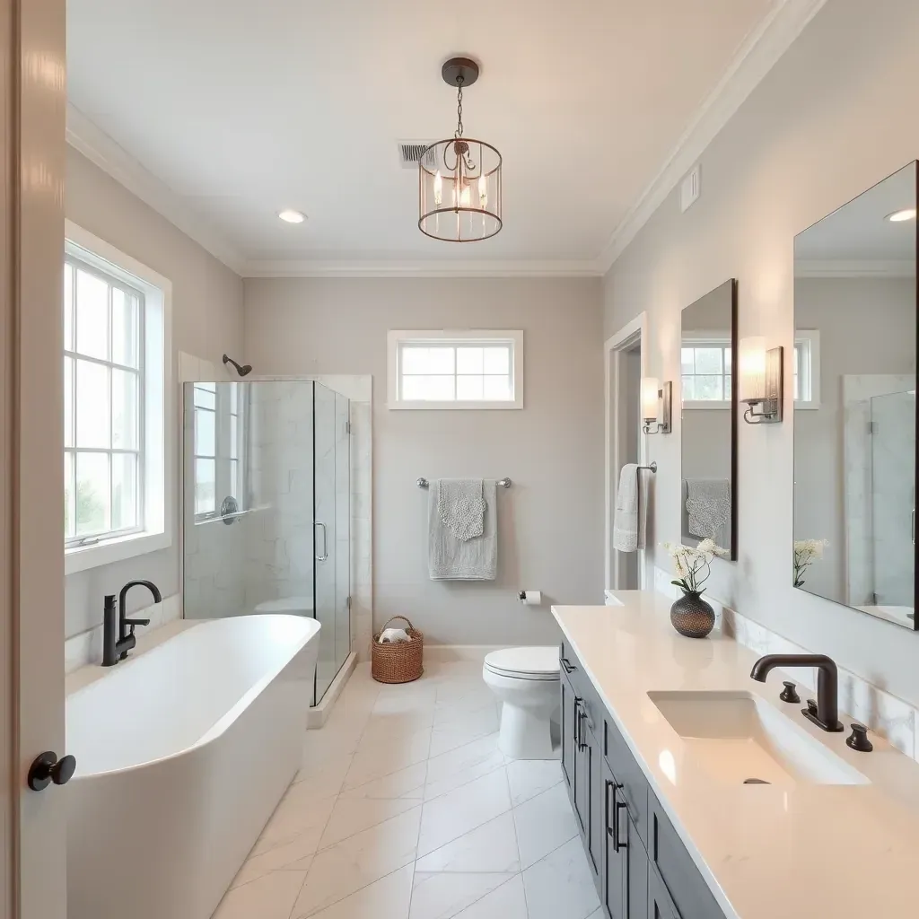 Detailed modern bathroom remodel in Carrollton, TX featuring marble counters, glass shower, neutral tiles, and natural light.