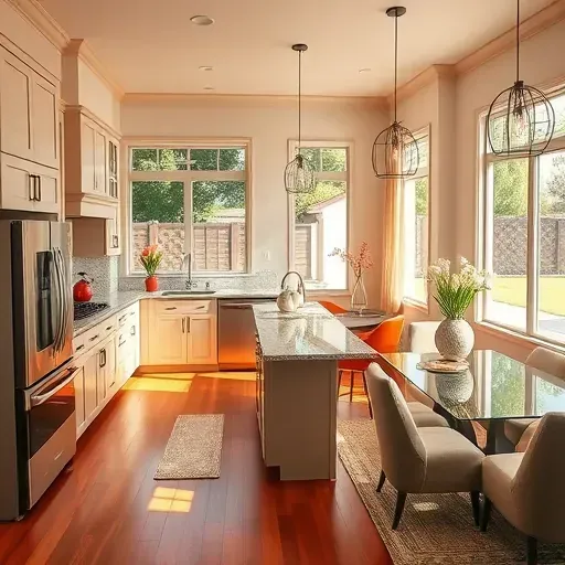 Spacious remodeled living room in Colleyville TX with contemporary decor, polished hardwood floors and natural light.