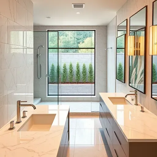 Beautiful renovated Trophy Club bathroom with marble countertops, walk-in shower, double vanity, and lush backyard view.