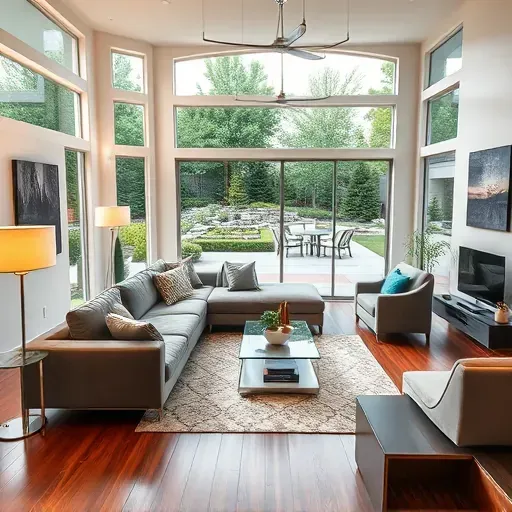 Modern renovated Lewisville, TX home interior with spacious living room, hardwood floors, stylish furniture, and bright open kitchen.