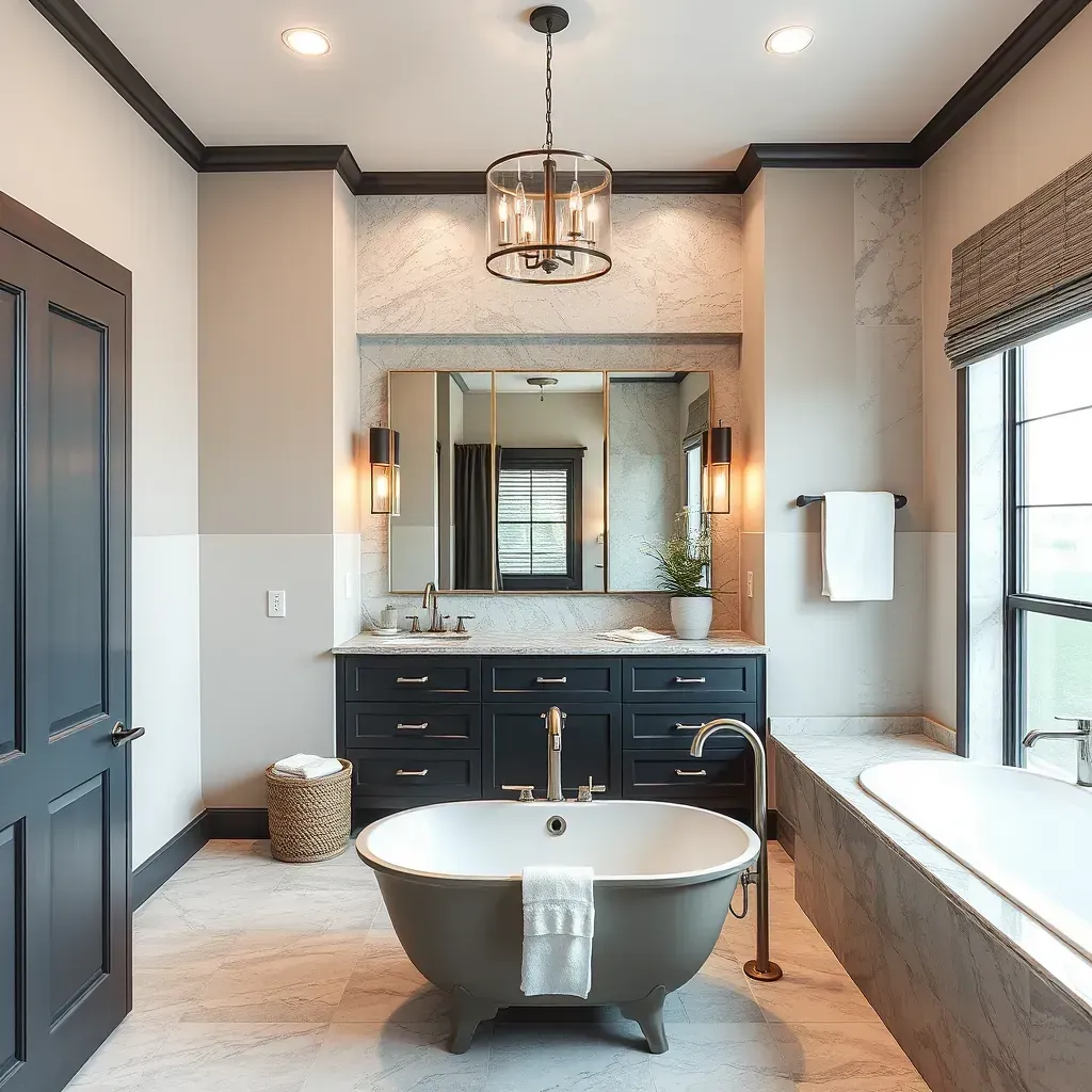Modern bathroom remodel in Frisco, TX with marble floors, floating vanity, glass shower, and natural light.