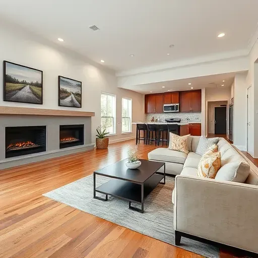Completed home remodel in Trophy Club TX featuring modern living room with hardwood floors, sleek fireplace, and large windows.