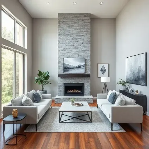 Contemporary living room in Bedford TX with grey and white decor, elegant furniture, and natural light through large windows.