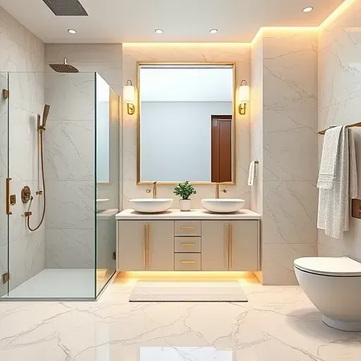 Remodeled luxury bathroom in McKinney TX with walk-in glass shower, marble vanity, gold accents, neutral tiles, and elegant decor