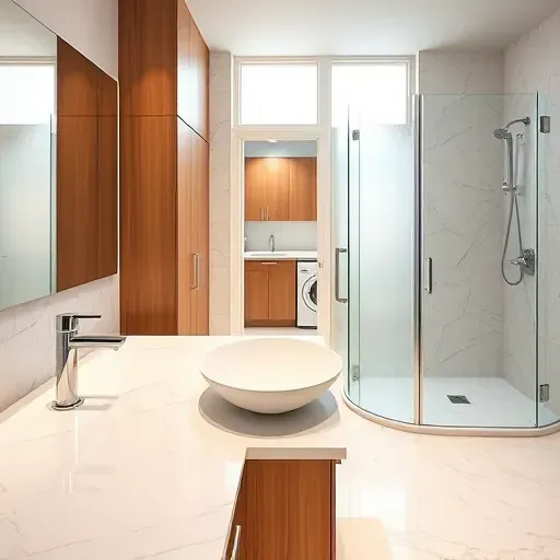 Renovated Farmers Branch, TX bathroom with marble tiling, chrome fixtures, walk-in shower, granite countertop, and warm wood cabinets.