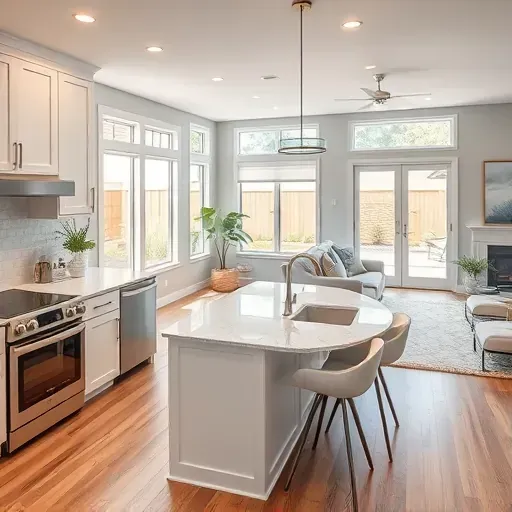 Modern kitchen and living area in Arlington TX with quartz countertops, stainless appliances, and natural light ambiance.