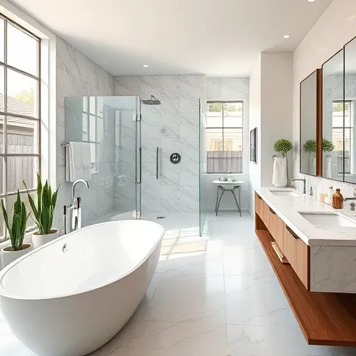 Remodeled North Richland Hills bathroom with modern fixtures, marble vanity, walk-in shower, and natural light.