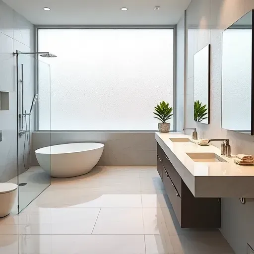 Modern renovated bathroom with soaking tub, frameless shower, marble counters, porcelain tiles, frosted windows in Frisco TX