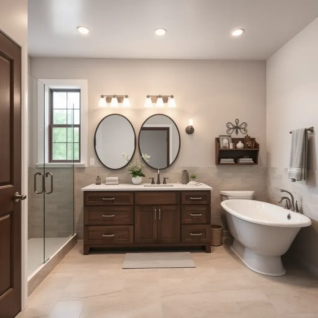 Modern Argyle, TX bathroom with walk-in glass shower, freestanding tub, double vanity, and natural light.