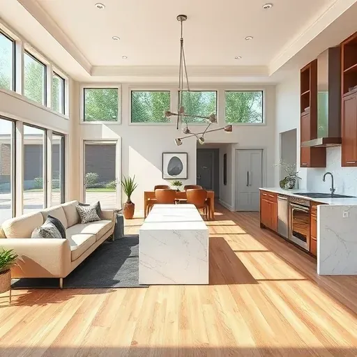 Remodeled Bedford, TX home interior featuring an open living room, modern kitchen, hardwood floors, windows, and stylish decor.