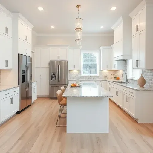 Elegant modern kitchen remodel in Southlake TX with white cabinets, granite countertops, and stainless steel appliances.