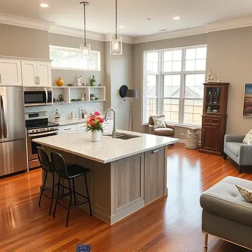 Modern kitchen remodel in Roanoke TX with granite countertops, custom cabinetry, and elegant island centerpiece.
