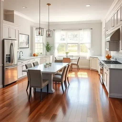 Completed home remodeling in Argyle TX features a stylish kitchen with white cabinetry, marble countertops, and open layout.