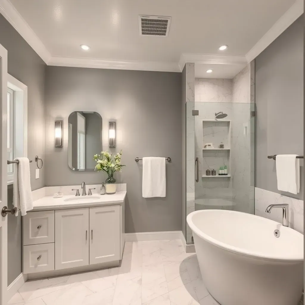 Modern Southlake bathroom featuring a walk-in shower, freestanding tub, floating vanity, large window, and sleek design elements.