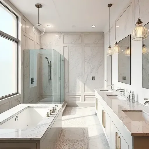 Remodeled Prosper, TX bathroom featuring a walk-in shower, soaking tub, granite countertops, elegant tilework, and modern lighting.