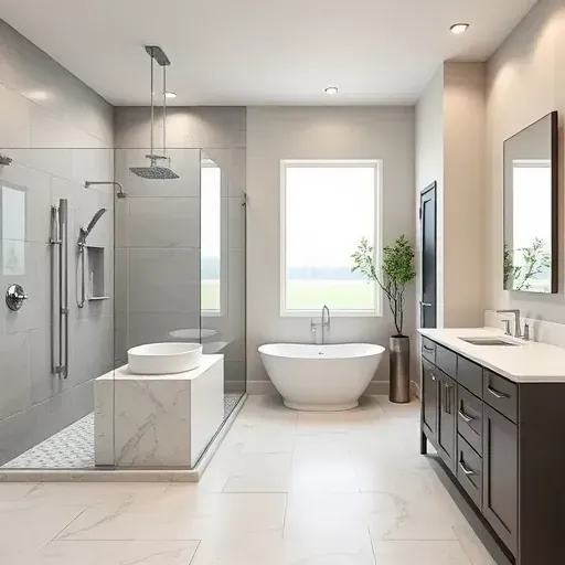 Recently renovated Arlington TX bathroom with glass shower, soaking tub, marble countertop, and modern fixtures