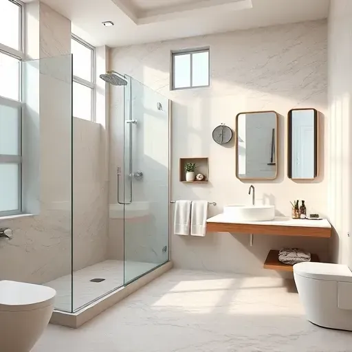 Remodeled bathroom in The Colony TX with modern fixtures, marble tiles, walk-in glass shower, floating vanity, and natural lighting