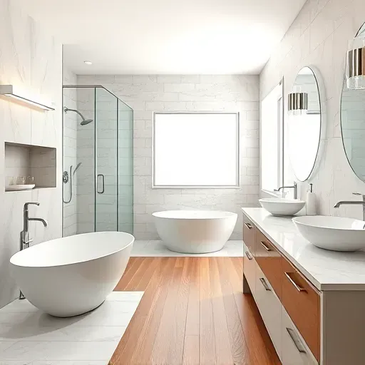 Renovated Watauga Texas bathroom with modern fixtures, freestanding tub, walk-in shower, marble double vanity, and elegant tiles