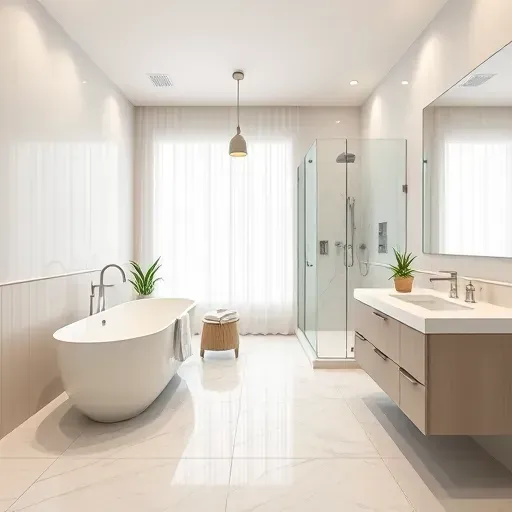 Renovated Frisco, TX bathroom with a freestanding bathtub, glass shower, modern vanity, marble tiles, and natural light.